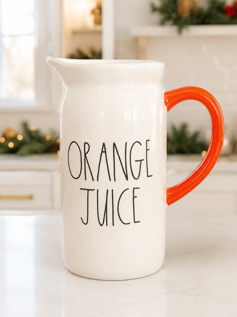Rae Dunn Orange Juice Ceramic Pitcher White Orange Handle NWT